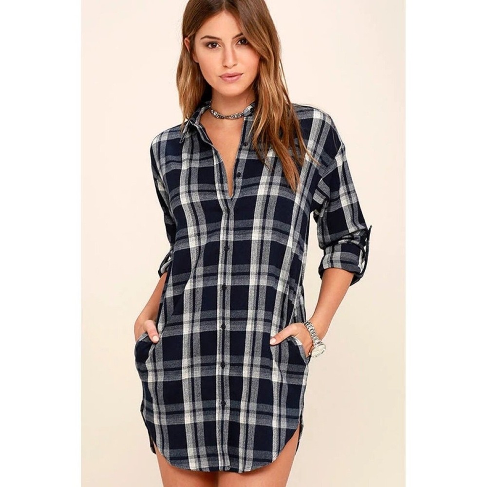 Lulus Sz S Navy‎ Blue Plaid Shirt flannel Midi Dress with pockets Button down